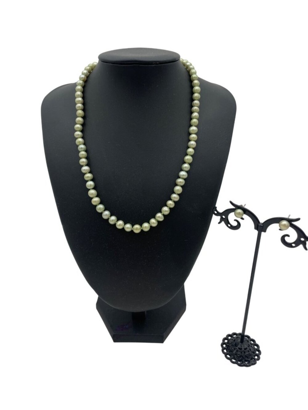 Elegant Green Pearl Necklace Earring Set Silver Clasp Costume Jewelry